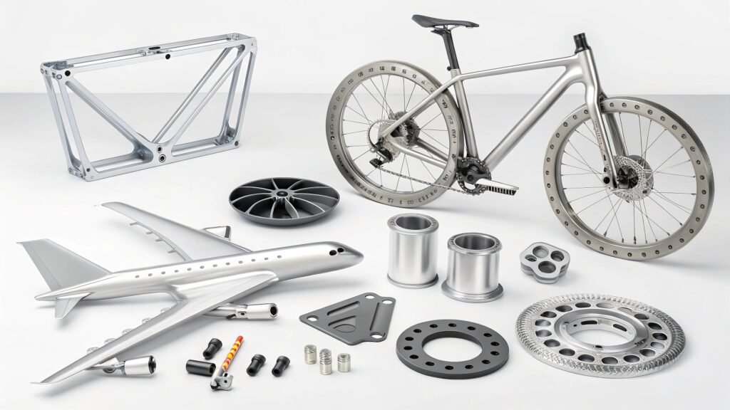 An infographic detailing various industry sectors and highlighting specific uses of aluminum alloys within each, supported by icons representing the products or applications.